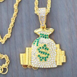 Money Bag $ with Rhinestones Pendant Necklace 18k Gold Plated